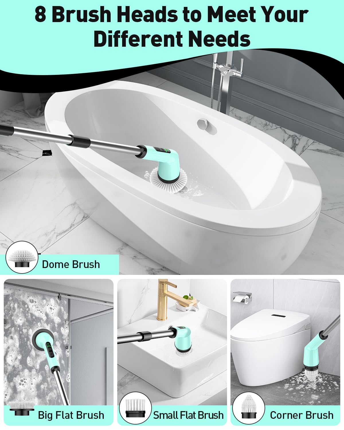 Electric Spin Scrubber for Bathroom, Shower Scrubber with Long Handle | Shower Cleaner Brushes, IPX7 Waterproof & 2 Speed, 3 Brush Heads, 90min Runtime, Bathroom Cleaning Supplies for Toilet Tub