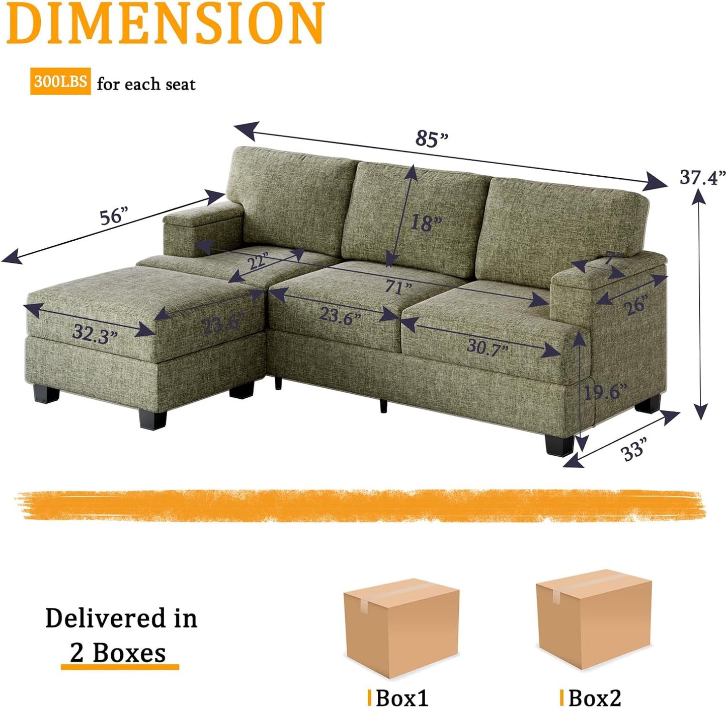 85'' L Shaped Couch with Armrest Organizer,Sectional,Movable Ottoman,Khaki | Comfy Sectional Sofa with Thick Cushion,3 Seats Sofas,Sectional Couches for Living Room,Bedroom,Apartment,Chenille