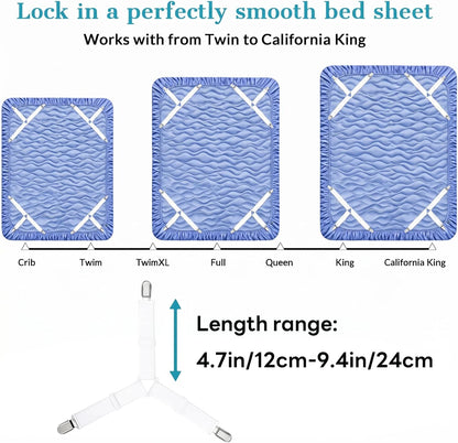 2 Pack Bed Sheet Holders - Adjustable Criss Cross Sheet Strap White