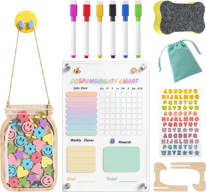Acrylic Magnetic Chore Board for Kids | Dry Erase Fridge Calendar & Star Reward Jar, Visual Schedule, Potty Training Tracker with Wooden Stars, Markers & Stickers