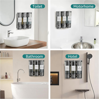 Wall Mounted Shower Soap Dispenser 3 Chamber,No Drill Shower Dispenser | Shampoo and Conditioner Dispenser for Bathroom Hotel Large Capacity, each 300ml with two waterproof labels,Gold