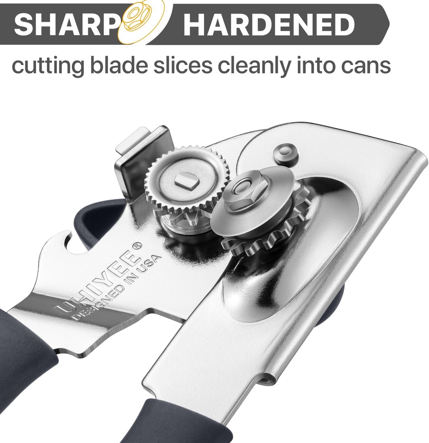 UHIYEE Heavy Duty Hand Can Opener with Comfortable Grip for Seniors, Black | Manual Can Opener, Hardened Steel Blade, Rubber-Coated Handle, Oversize Knob, Built-in Magnet & Bottle Opener
