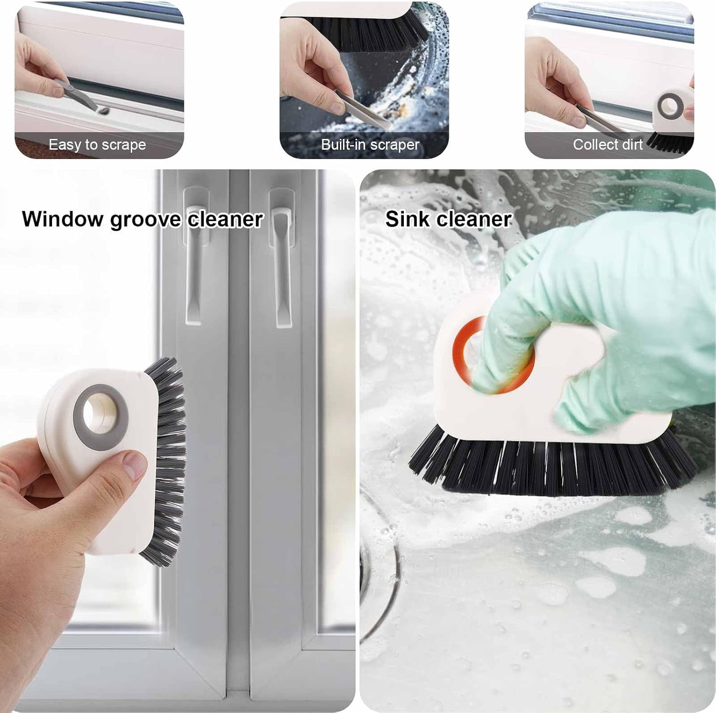 PEUTIER 2pcs Crevice Cleaning Brush, Hard Bristle Window Track Cleaning Tools 2 in 1 Cleaner Scrub Brush Grip Brush Cleaner with Hidden Scraper for Sliding Door Sill Shutter Vents Household