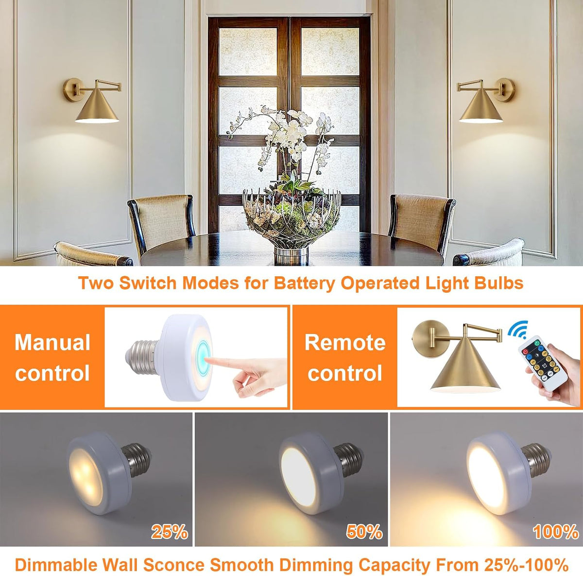 Rechargeable Swing Arm Wall Sconces Set of 2,Gold Battery Operated Wireless Dimmable 3 Color Wall Light with Remote,Cone Indoor Light Fixture for Bedside,Kitchen,Hallway,Living Room,Reading