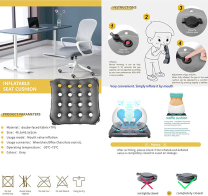 2-Pack Inflatable Waffle Cushion for Pressure Relief, Wheelchair Cushion for Pressure Redistribution, Portable Air Seat Cushions for Office Chair Car Seat, Breathable Seat Pad, Includes 1 Air Pumps