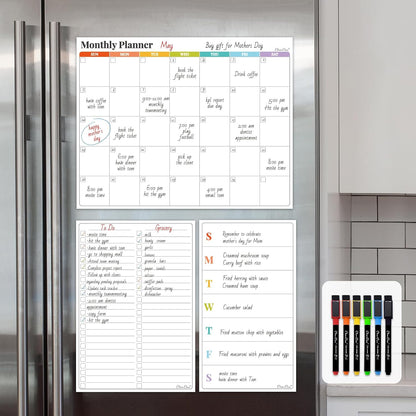 Non-Magnetic Dry Erase Calendar Set for Fridge - Reusable Monthly and Weekly Calendar Sticks to Most Smooth Surfaces - 6 Dry Erase Markers Included - Shipped Flat
