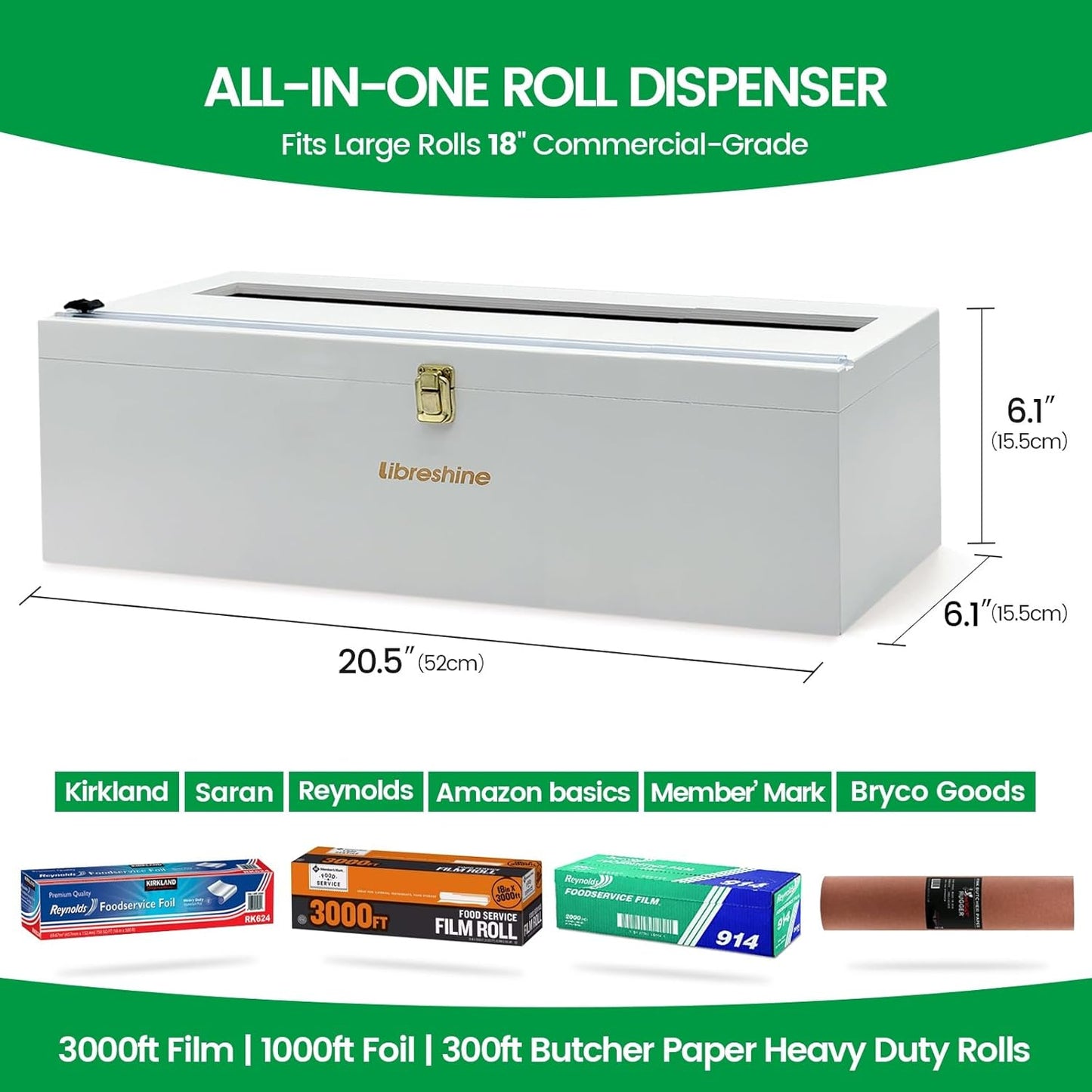 Bamboo 18 Inch Commercial Plastic Wrap Dispenser with Cutter | Bamboo paper roll cutter with low-noise roller; fits up to 3000ft food service film, 500–1000ft foil and select paper rolls