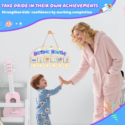 Morning Routine Chart for Toddlers, Visual Schedule Chart Planner | to Do List with 6 Tap Lights & 10 Activity Cards, Wooden Checklist Schedule Board for Kids, Autism, Preschoolers, ADHD Tools