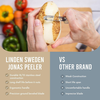 Linden Sweden Original Jonas Vegetable Peelers for Kitchen - Made In Sweden - Carrot Peeler with Ergonomic Handle for Safety and Control - Dishwasher Safe Potato Peelers - 3-Pack - Stainless Steel