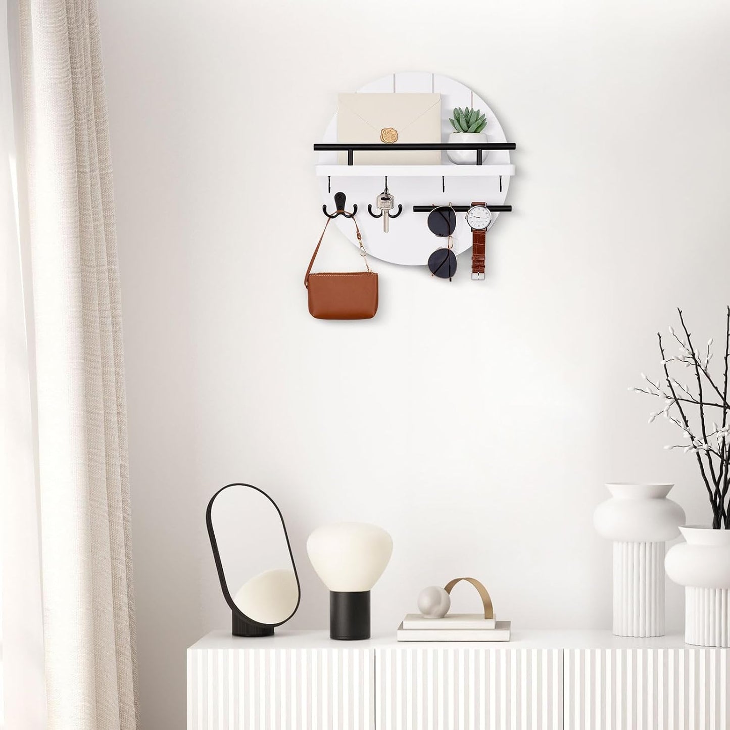 Nekon Key Holder Wall Mount, 11.8” Wood Mail Organizer for Wall, Brown | Round Wall Shelf with 6 Key Hooks, Rustic Key and Mail Holder, Key Hanger for Entryway Hallway Kitchen
