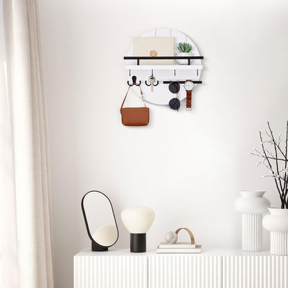 Nekon Key Holder Wall Mount, 11.8” Wood Mail Organizer for Wall, Brown | Round Wall Shelf with 6 Key Hooks, Rustic Key and Mail Holder, Key Hanger for Entryway Hallway Kitchen