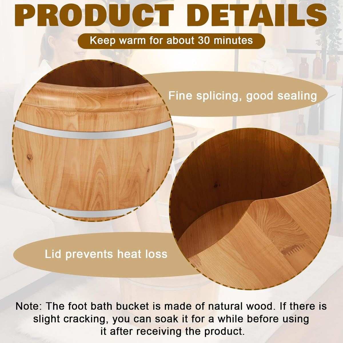 Geelin 10.24 Inch Tall Wooden Foot Bath Bucket with Massage Roller and Lid, Thick Insulated Wooden Foot Basin for Relaxation, Massage Soles, Suitable for Families, Athletes and Elderly (Wood)