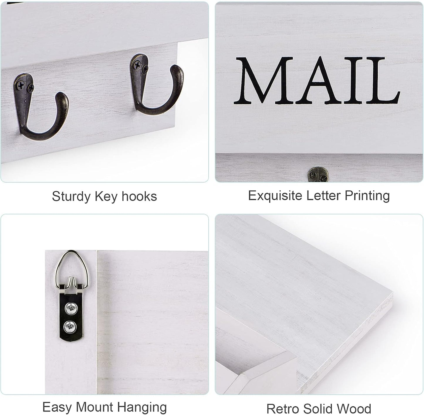 DLQuarts Solid Wood Mail Organizer with Key Holder for Wall, Mail Sorter Wall Mounted, Decorative Wooden Key and Mail Holder with 3 Hooks, White