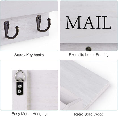 DLQuarts Solid Wood Mail Organizer with Key Holder for Wall, Mail Sorter Wall Mounted, Decorative Wooden Key and Mail Holder with 3 Hooks, White