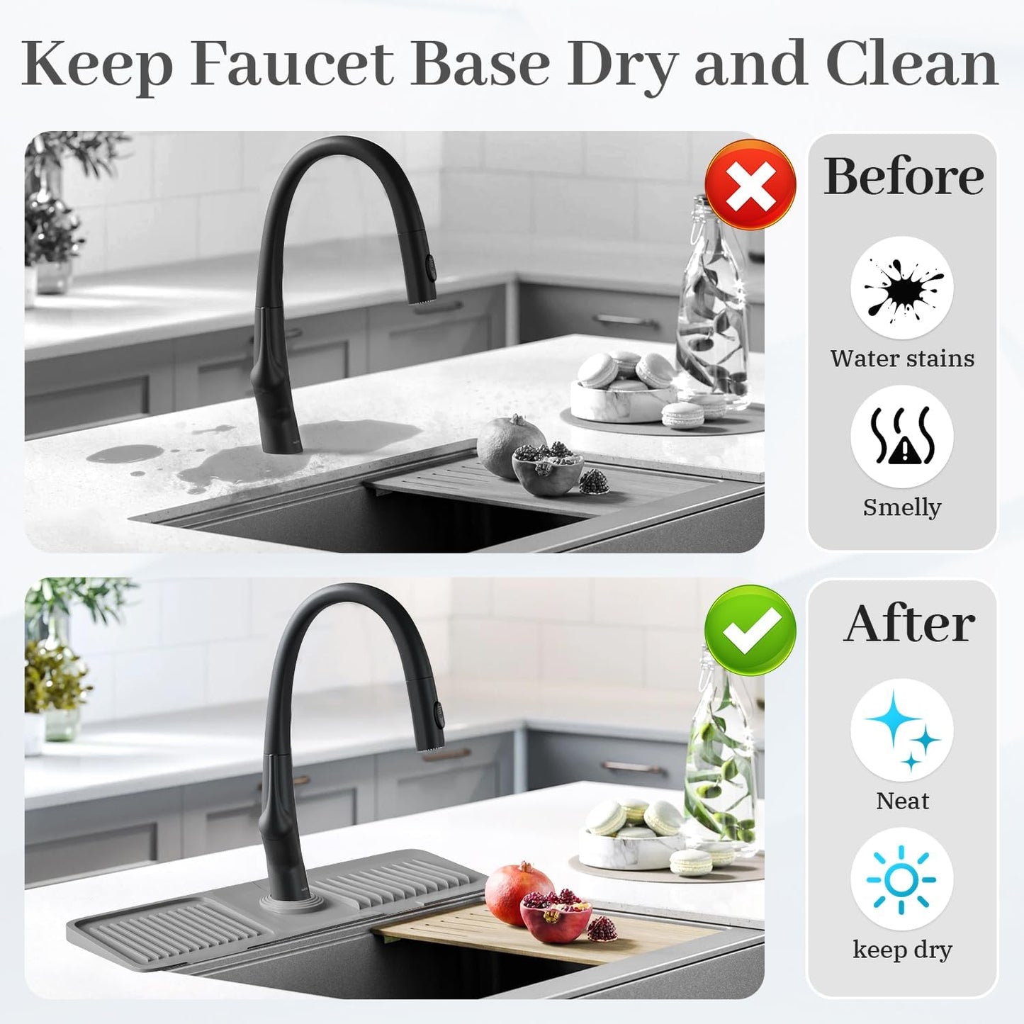 PoYang 23.6 Inch Silicone Sink Splash Guard, Kitchen Sink Mat, Light Grey | Faucet Mat with Wide Drainage & Cuttable Hole, Keeps Faucet Base Dry, Long & Short Sink Protectors for Kitchen, Bathroom & RV