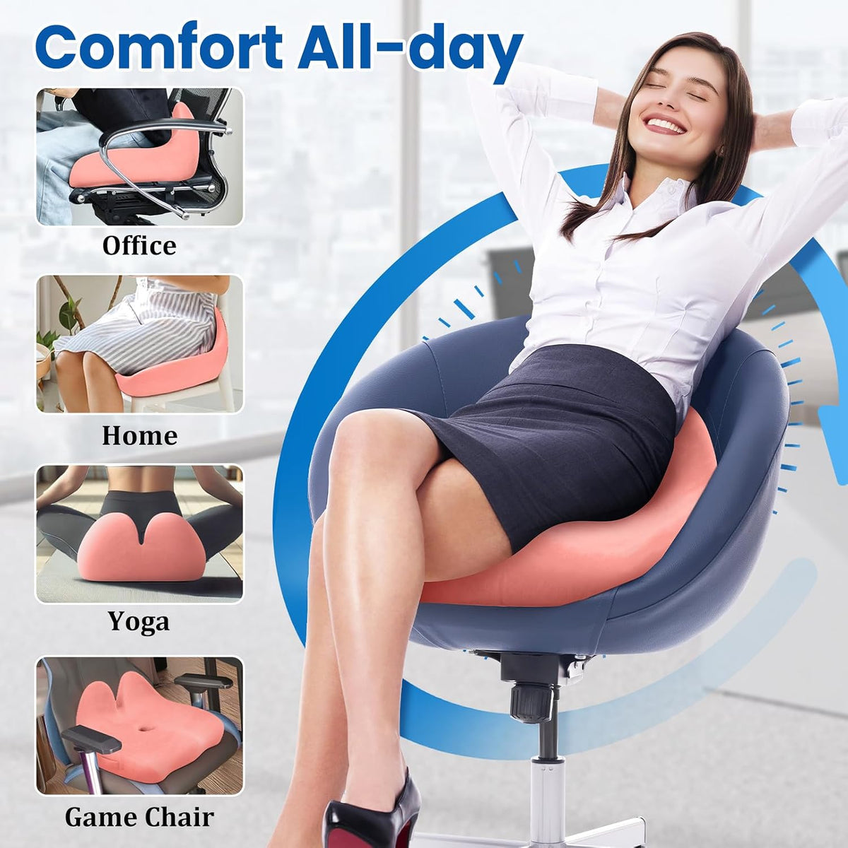 CushZone Ergonomic Seat Cushion, Sciatica Support for Office Chair, Black