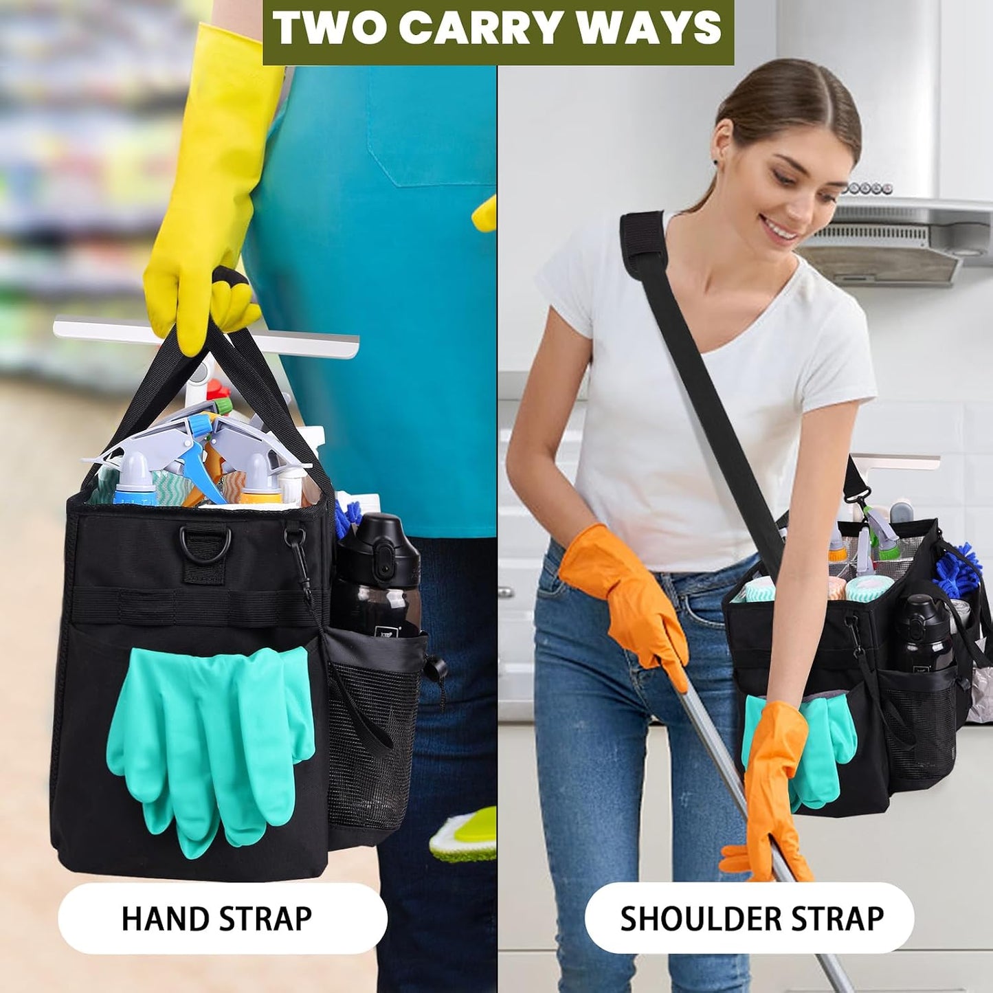 Large Cleaning Caddy Bag Built-in hard plastic sheet Aluminum foil lining | Waterproof nylon, aluminum foil lining, detachable dividers, dual straps for housekeepers