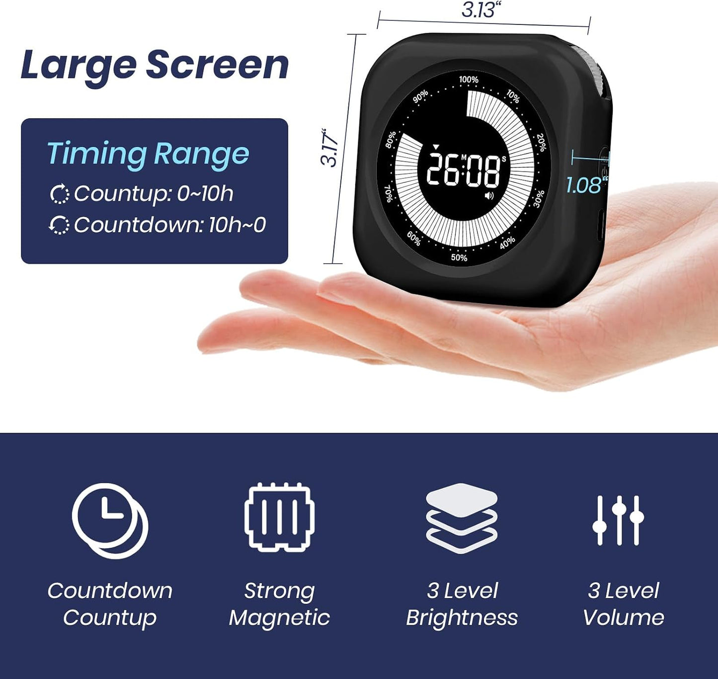 PERSUPER Visual Timer for Kids, Rechargeable 10-Hour Countdown/Up Timer | with 3 Volume Levels, 3 Brightness Display, and Magnetic, Homeschool Study Tool, Large Digital Timers for Classroom, Kitchen