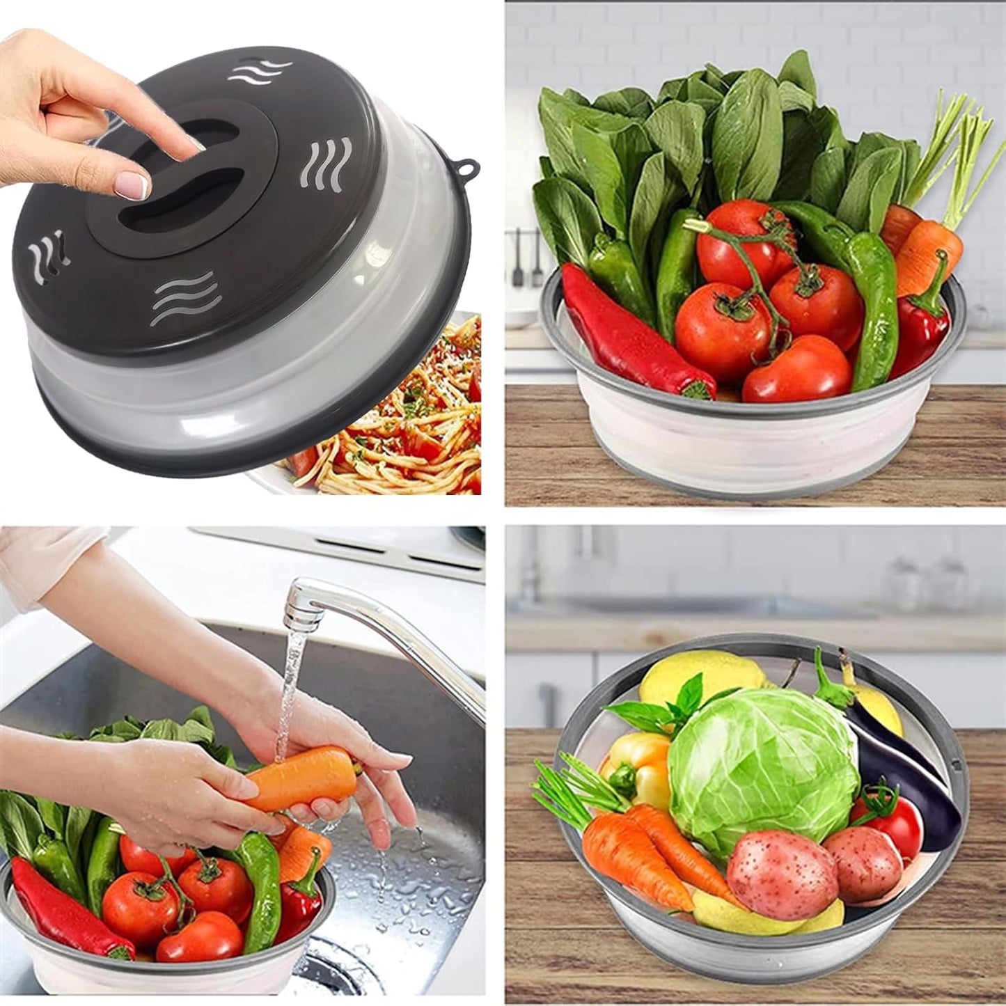 Microwave Splatter Cover Vented for Food, Microwave Plate Cover Splatter Guard & Colander, Fruit Vegetables Drainer with Hook Hole, Dishwasher-Safe,BPA-Free Silicone & Plastic (Black)