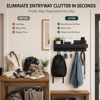 Modern Large Wall Mounted Key Holder with Deep Shelf, Entryway Organizer with 5 Heavy Duty Hooks, Metal Key Rack for Wall, Mail Holder & Dog Leash Hanger, Black