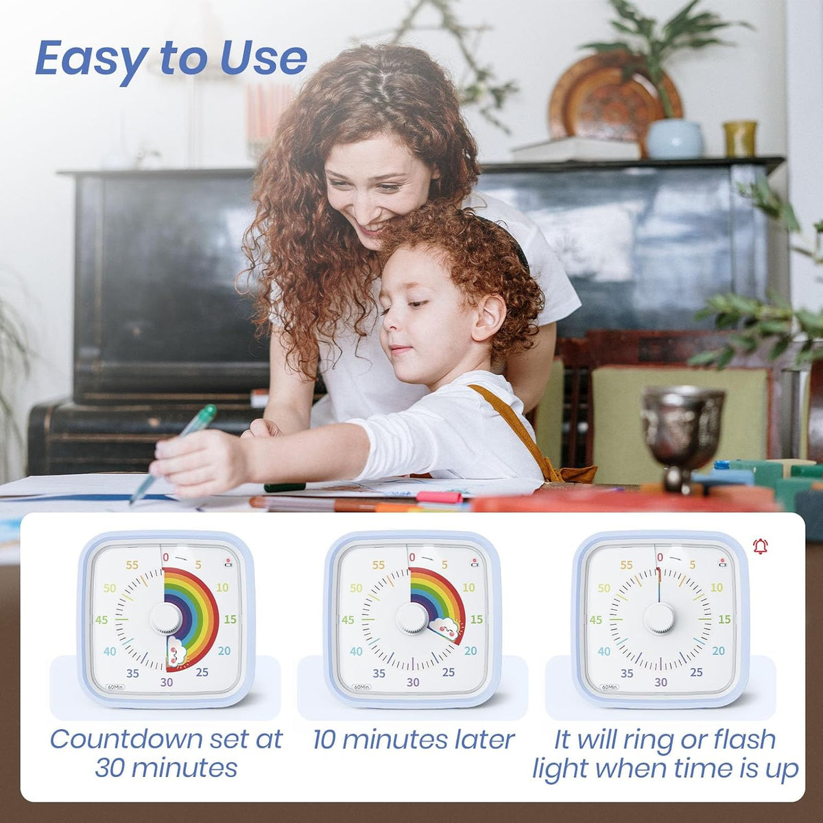 Yunbaoit Rainbow Visual Timer for Kids, 60-min Countdown Timer, Blue