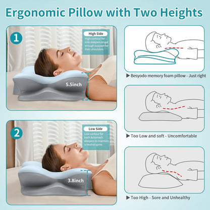 Cervical Pillow for Neck Pain Relief, Ergonomic Neck Pillow for Sleeping, Contour Pillow for Neck Support, Memory Foam Pillows for Side Back Stomach Sleepers(White&Grey)