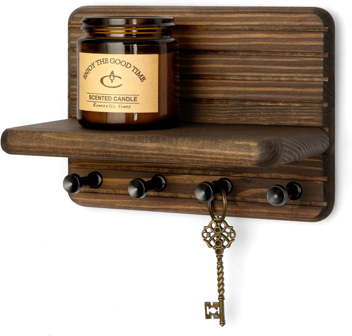 Rebee Vision Pine Wood Key Holder Wall Mount with Shelf for Entryway, Brown | 6 Key Hooks, Round Corner, Smooth&Hand-Friendly, Clear Wood Texture, Space-Saving Design, Organize Mail & Letter