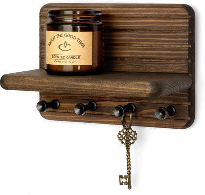 Rebee Vision Pine Wood Key Holder Wall Mount with Shelf for Entryway, Brown | 6 Key Hooks, Round Corner, Smooth&Hand-Friendly, Clear Wood Texture, Space-Saving Design, Organize Mail & Letter