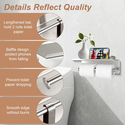 Toilet Paper Holder with Shelf Wall Mounted Toilet Paper Storage, Double Roll Tissue Holder Dispenser Bathroom Toilet Paper Holder (Matte Black)