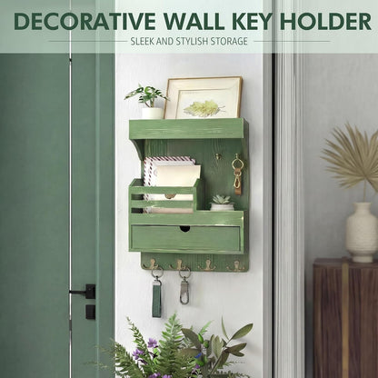 Rebee Vision Key Holder Wall Mount with Drawer Organizer for Entryway,Brown | Pine Wood, 6 Key Hooks, Display Shelf for Plants, Mail Slot for Storage Letter, Multi-Funtional Design, Home Storage