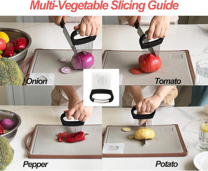 Large Onion Holder for Slicing with Protective Cover | 14 PCS Stainless Steel Prongs, Ergonomic Widened Large Handle, Food Slicing Guide, For Potato, Tomato, Vegetable, Fruit, Meat