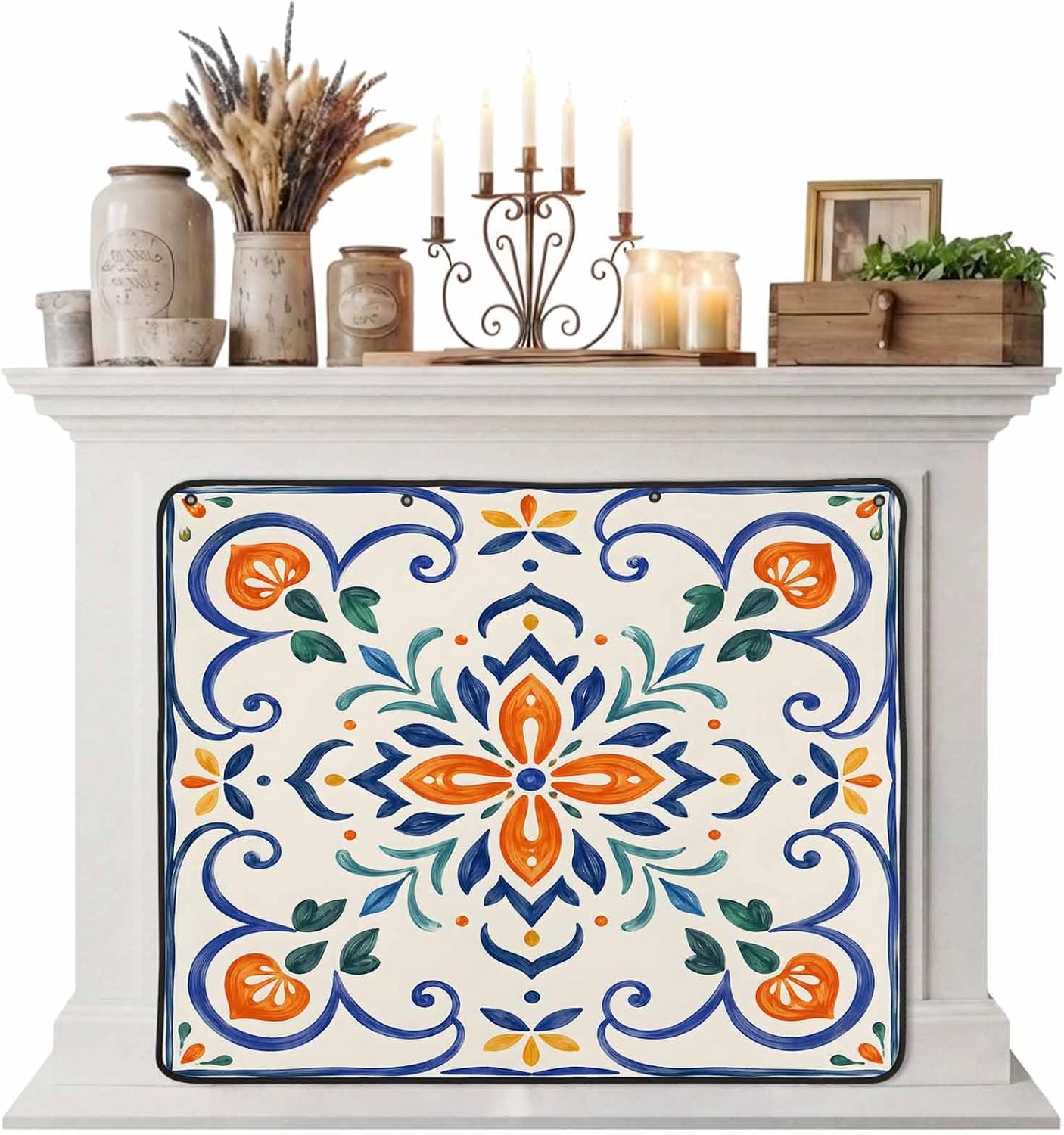 Magnetic Fireplace Cover Bird Branches Fireplace Screen Decorative Green Leaves Frame Insulation Fireplace Blocker Blanket Save Energy Fireplace Draft Stopper Covers for Living Room 45x34 Inch