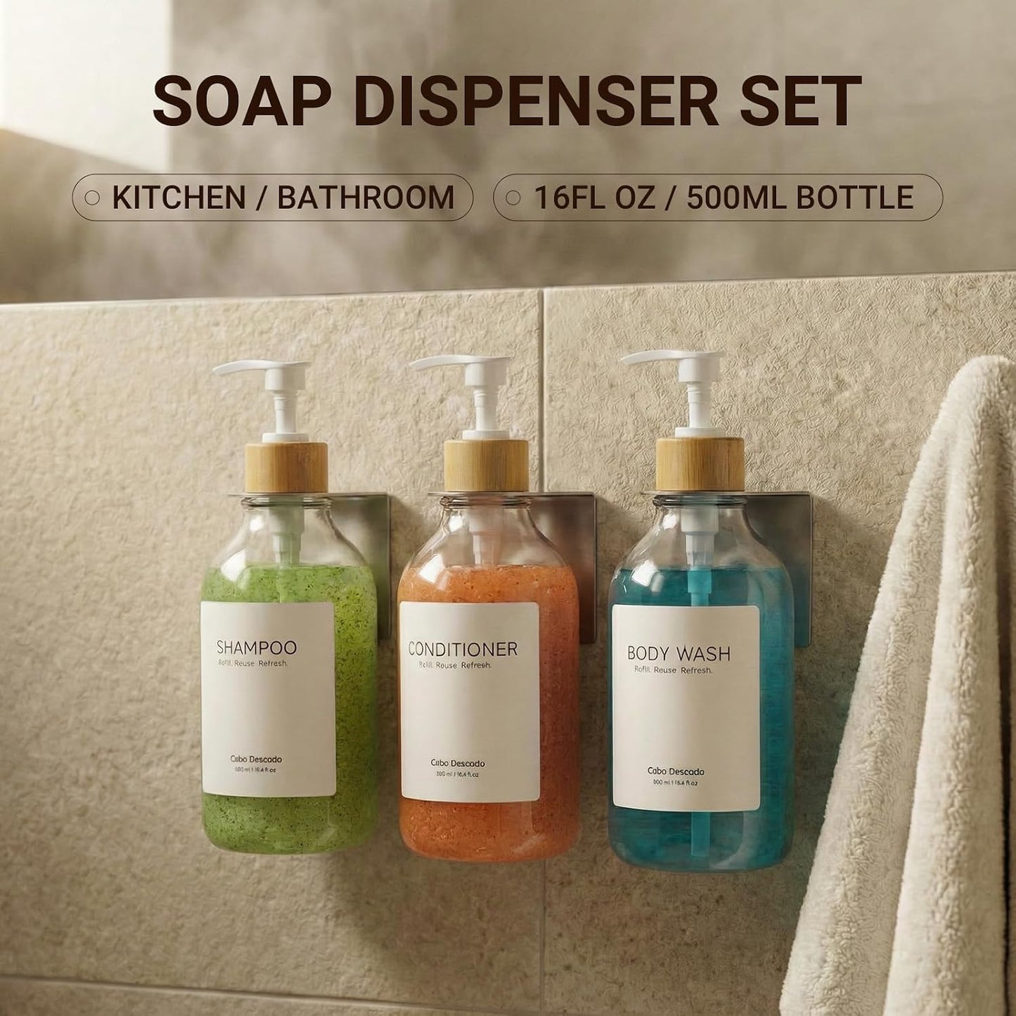 Shampoo and Conditioner Dispenser - Shower Soap Dispenser 3 Chamber No Drill - Bathroom Soap Dispenser Wall Mount Adhesive - Clear PET Bottles with Nature Bamboo Pumps Set Refillable 1500ml