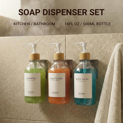 Shampoo and Conditioner Dispenser - Shower Soap Dispenser 3 Chamber No Drill - Bathroom Soap Dispenser Wall Mount Adhesive - Clear PET Bottles with Nature Bamboo Pumps Set Refillable 1500ml