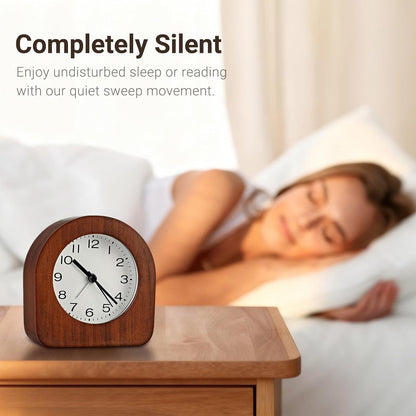 Vintage Solid Wood Analog Alarm Clock, Battery-Operated Alarm Clocks with Non-Disruptive Night Light, Non-Ticking Alarm Clock with Snooze Button and Soft Alarm Tone. (Dark Brown)