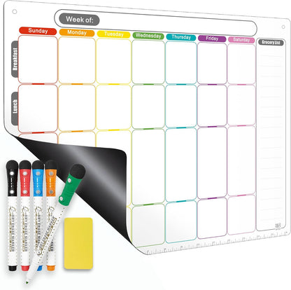 Magnetic Calendar for Fridge, Dry Erase Weekly Planner, 13" x 16.9" | Strong Magnetic Hold, Vertical Weekly Layout, Large Daily Spaces, Easy to Clean, Color-Coded, Dual-Magnet Markers & Eraser