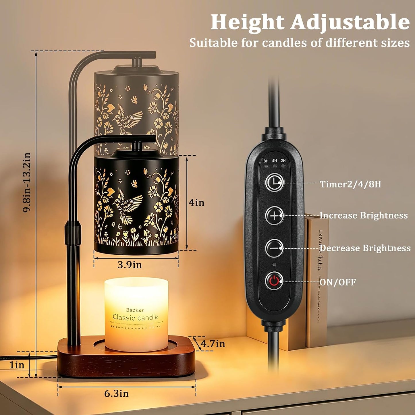 WIHTU Candle Warmer Lamp with Timer & Dimmer Dragonfly for Jar Candles | Metal Electric Wax Melt Warmer, Height Adjustable, Birthday Gift for Women Mom Her, Housewarming Home Decor, Include 2 Bulbs