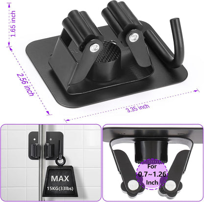 Stainless Steel Broom Holder, Heavy Duty, Rust Resistant, 4 Gripper Positions with 4 Hooks, Black | Drill-Mounted Gripper Rack Holds Brooms, Mops and Garden Tools Safely in the Laundry Room, Kitchen, Garage, Garden and Shed
