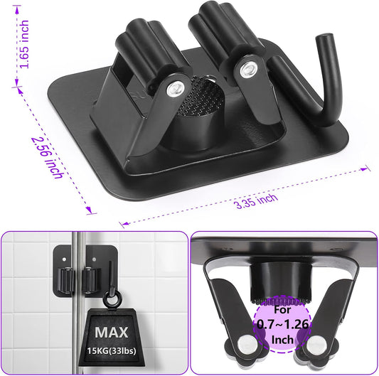 Stainless Steel Broom Holder, Heavy Duty, Rust Resistant, 4 Gripper Positions with 4 Hooks, Black | Drill-Mounted Gripper Rack Holds Brooms, Mops and Garden Tools Safely in the Laundry Room, Kitchen, Garage, Garden and Shed