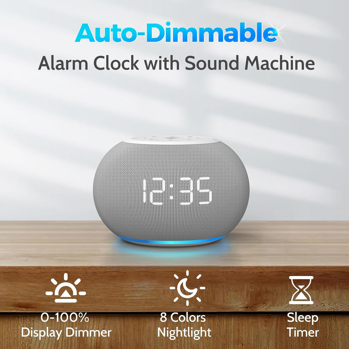 REACHER Auto Dimmable Sound Machine Alarm Clock with Night Light for Girls