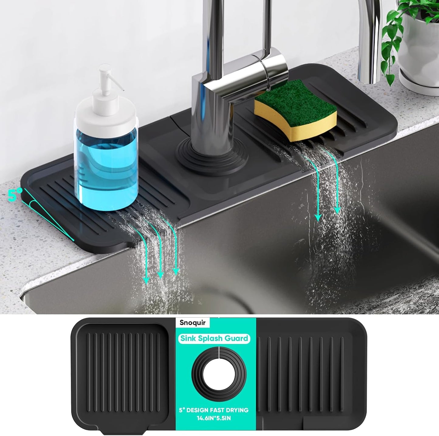 24 Inch Longer Faucet Mat for Kitchen Sink [5° Slope Fast Self-draining]Bathroom Kitchen Sink Splash Guard Silicone Sinks Faucet Mat Splash Guard for Kitchens Sinks Area Tidy Splashs Draining Mats