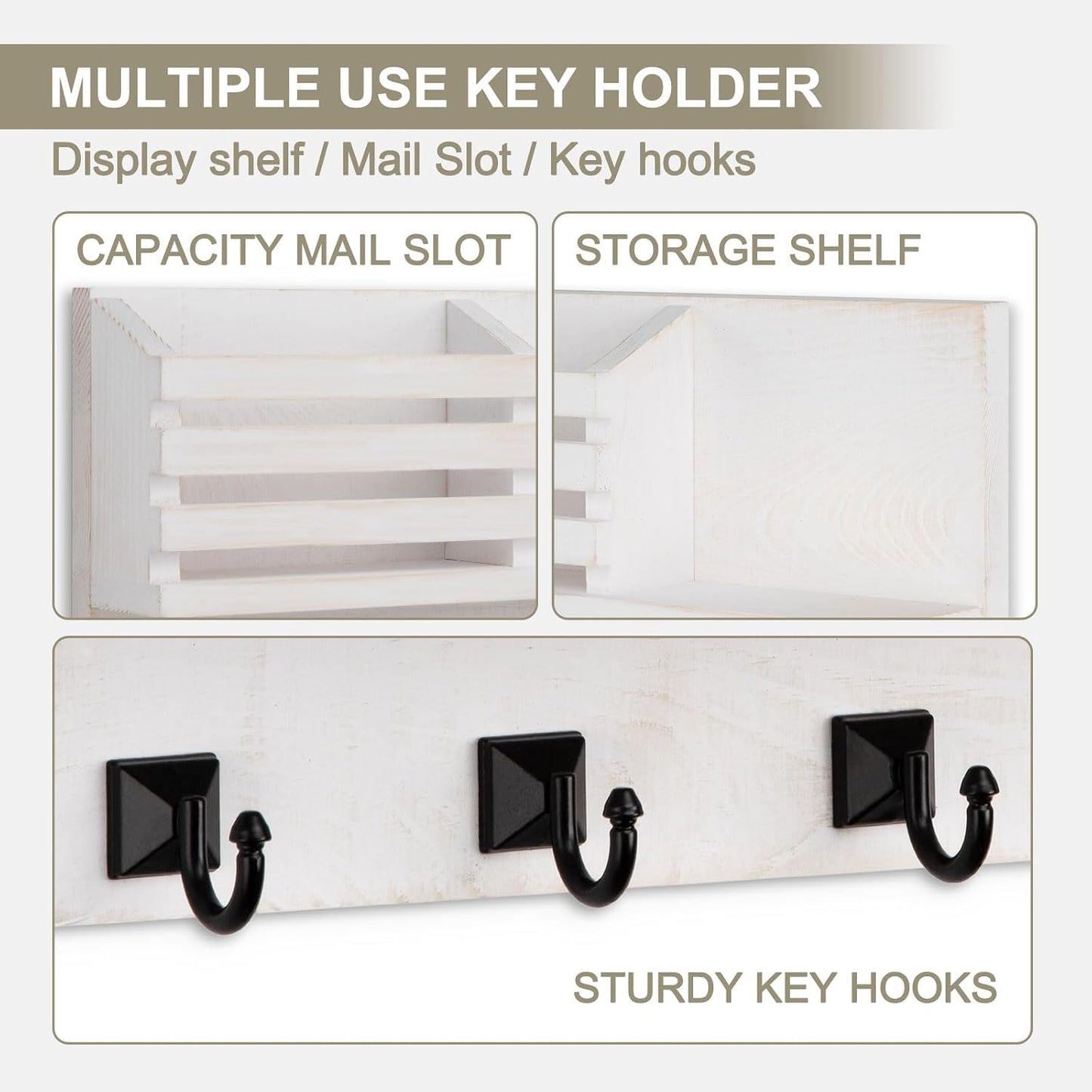 Key Holder Wall Mount, Mail Organizer for Wall with 5 Square Key Hooks | Key Holder for Wall, Key Holder with Shelf Farmhouse Home Decor for Home Entryway