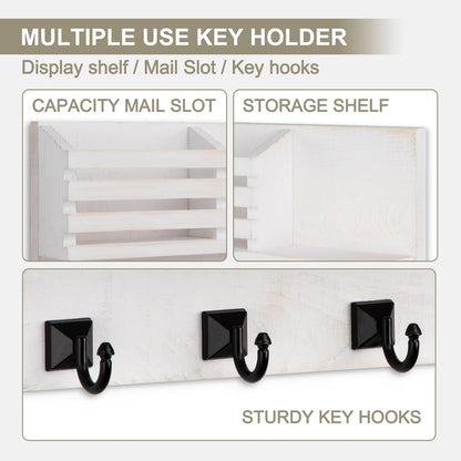 Key Holder Wall Mount, Mail Organizer for Wall with 5 Square Key Hooks | Key Holder for Wall, Key Holder with Shelf Farmhouse Home Decor for Home Entryway