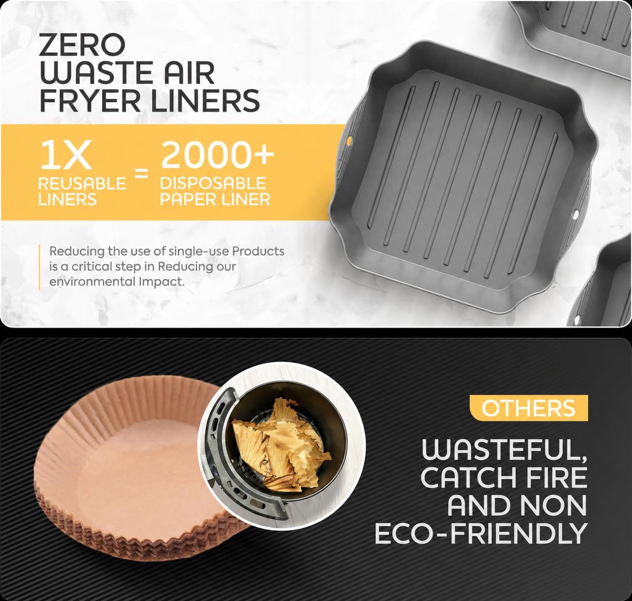 Reusable Silicone Air Fryer Liners Set, 7.5" Square Liners for 4-7QT Air Fryer Tray Baking Oven, Handles & Holes, by Zip Standing