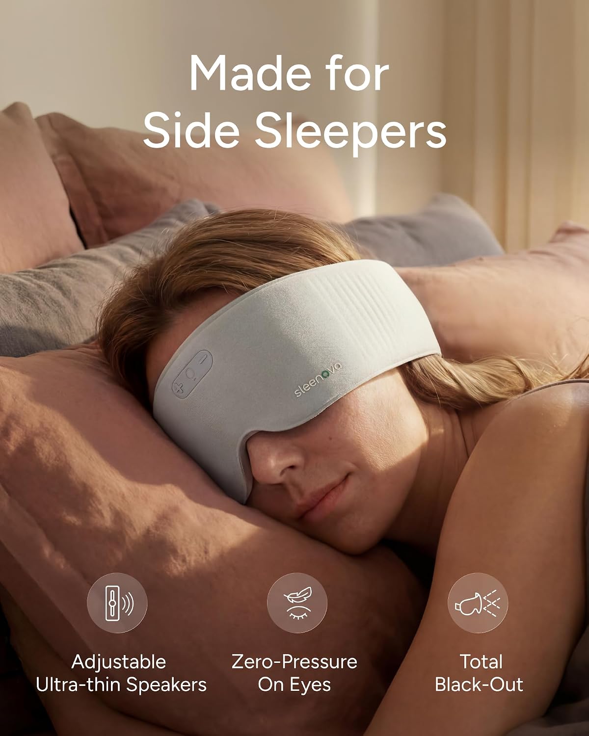 Sleenova SoundMask - Sleep Mask with Built-in Tuned Sleep Audio, Side Sleeper Optimized, Phone-Free Sleep & Nap, Bluetooth Modes, Soft Black