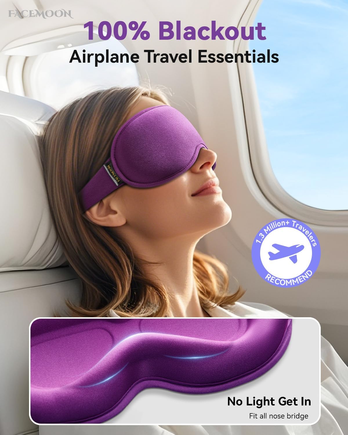 FACEMOON 3D Blackout Weighted Eye Mask for Sleep, Airplane Travel Essential | Long flights, road trips, gentle weighted comfort, deep cups, lash-friendly, adjustable strap, daytime naps for men & women