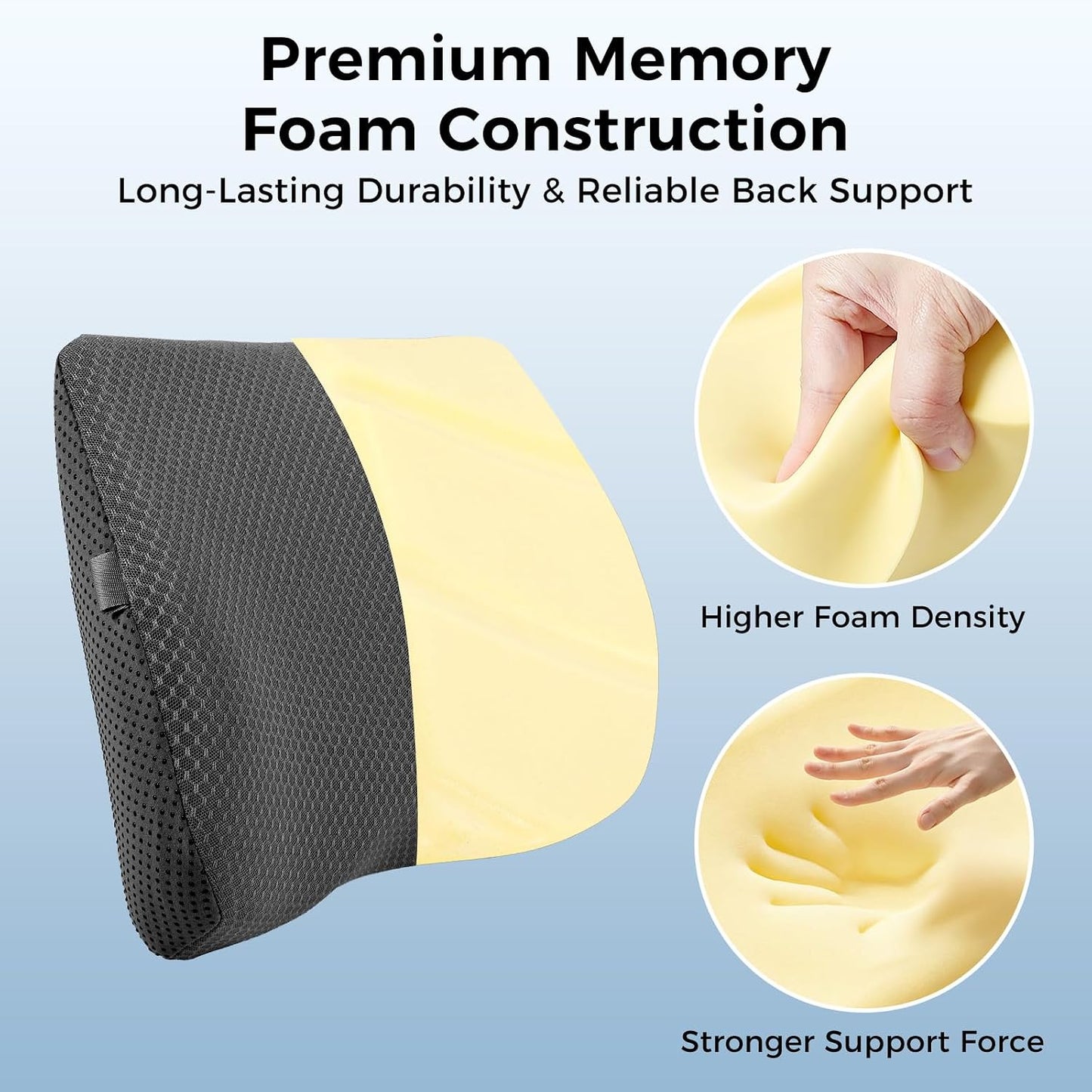 Lumbar Support Pillow for Car & Office Chair - High-Density Memory Foam Back Cushion for Sciatica & Lower Back Pain Relief - Non-Slip Support for Long Commutes & Desk Workers (Black)
