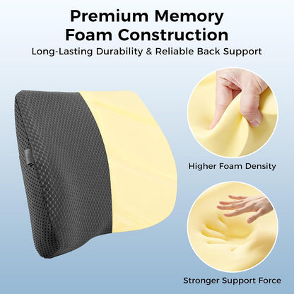 Lumbar Support Pillow for Car & Office Chair - High-Density Memory Foam Back Cushion for Sciatica & Lower Back Pain Relief - Non-Slip Support for Long Commutes & Desk Workers (Black)