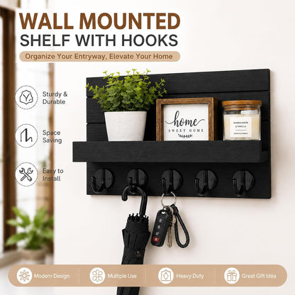 Key Holder for Wall, Decorative Key and Mail Holder, Key Holder Wall Mount with Shelf and Large Hooks, Easy Installation Key Rack for Entryway and Home Decor