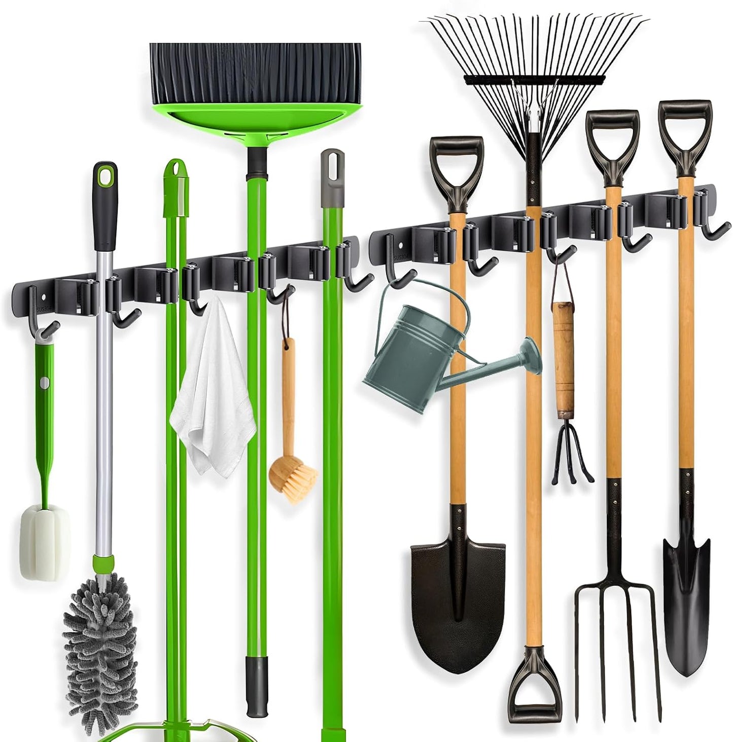 ZONGOOL 2 Pack Mop Broom Holder Wall Mount 4 Racks 5 Hooks Storage Black | 304 Rustproof Stainless Steel Broom Hanger, Non-Slip Wall Mount Organizer, Space Saving For Kitchen, Laundry, Garden